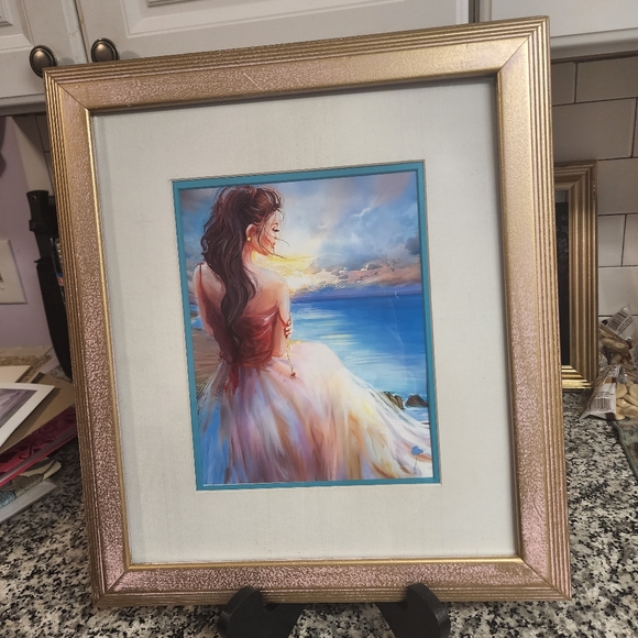 Abstract Beautiful Woman on the beach Sunset Art Print Pink chic frame - Picture 1 of 3